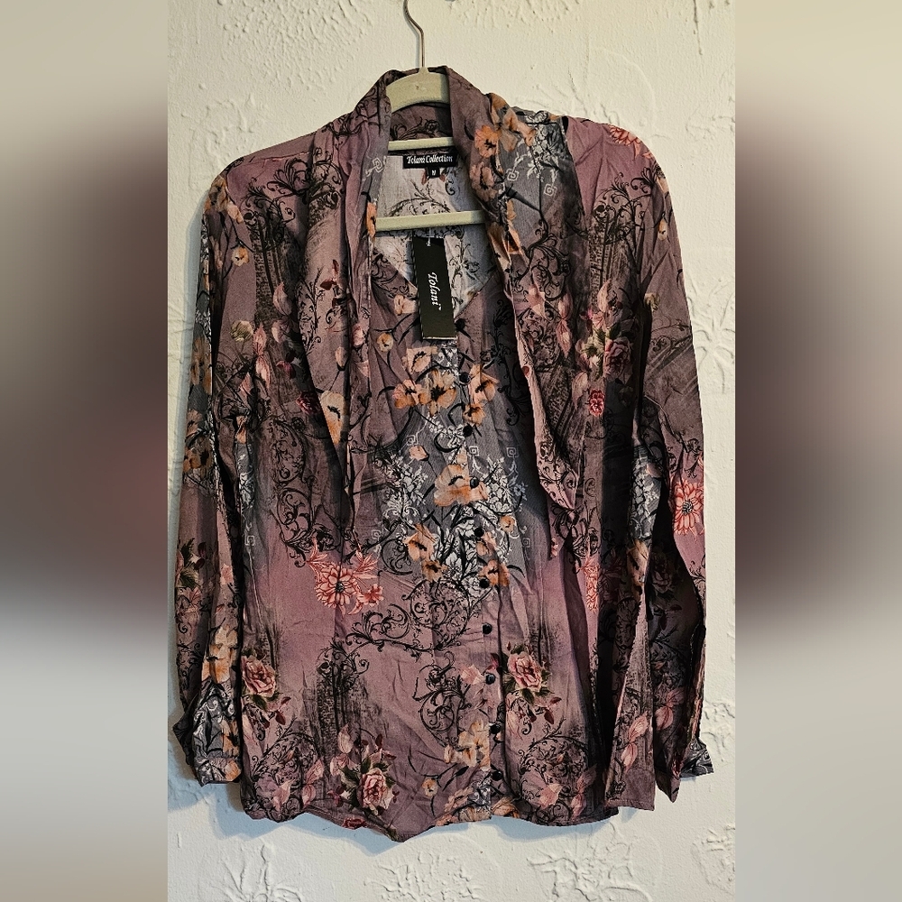Tolani Collection Grey Floral Printed Woven Long-Sleeve Top w/ Neck Tie Medium